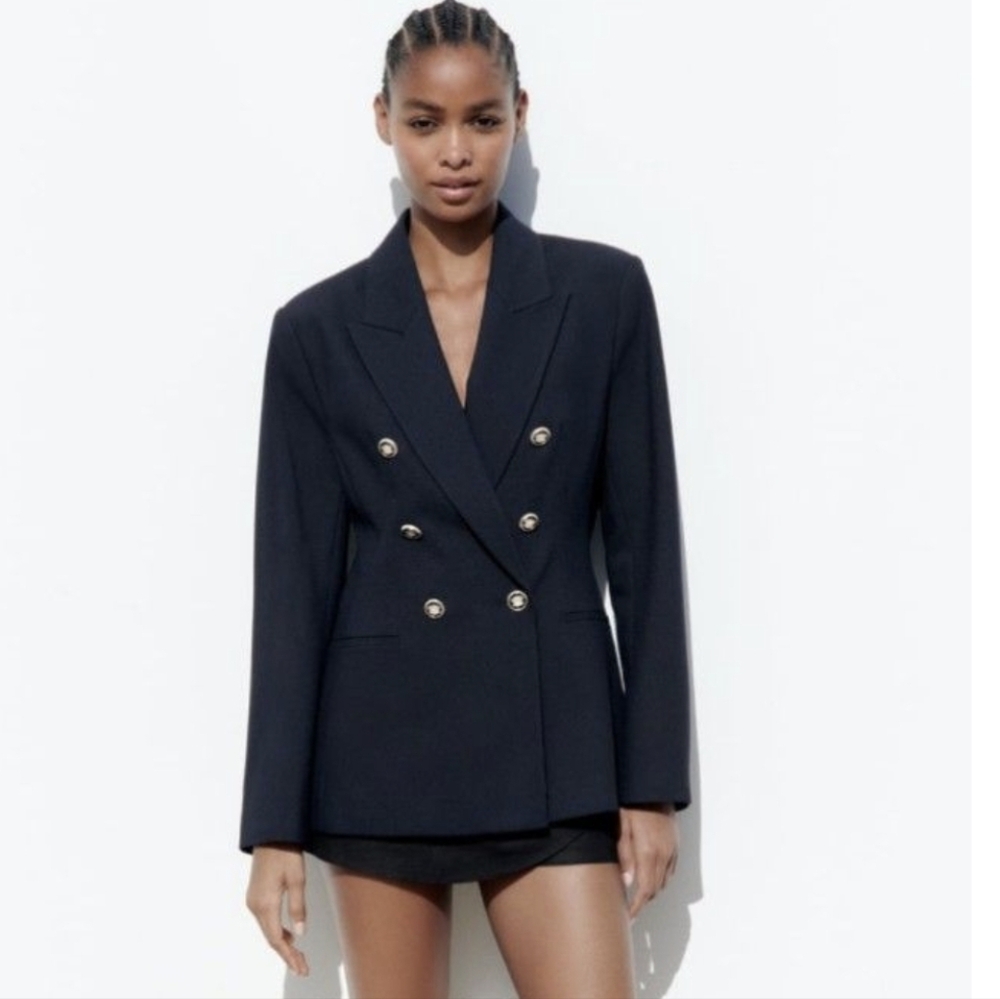 Zara Tailored Textured Pique Double Breasted Long Sleeve Blazer Navy Blue Sz S